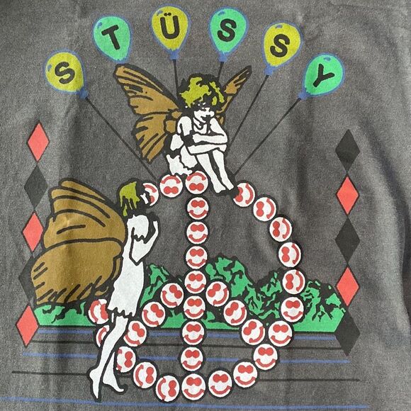 Stussy LSD Tribe Short Sleeve T-Shirt Tee in Black Graphic Crewneck Peace Sign - Picture 3 of 13